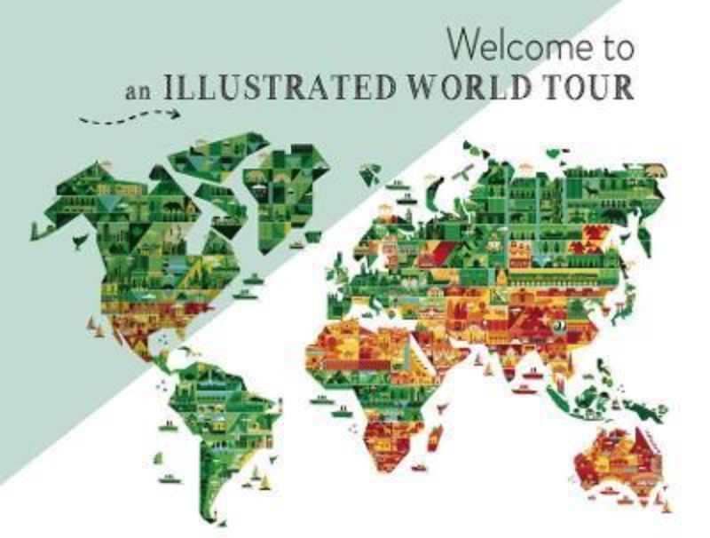 Hardback book "Welcome to an Illustrated World Tour" featuring 100+ vibrant illustrated maps of global cultures and destinations.