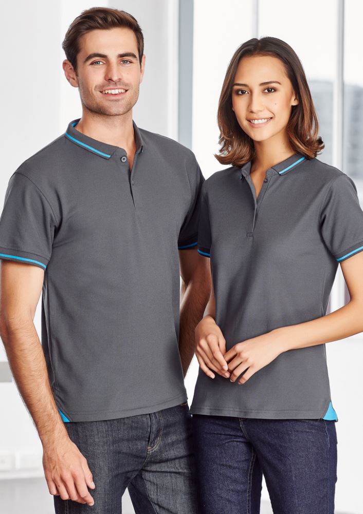Ladies Jet Polo in Black and Cyan, size 16, featuring breathable fabric, stylish contrast hem, and UPF sun protection.