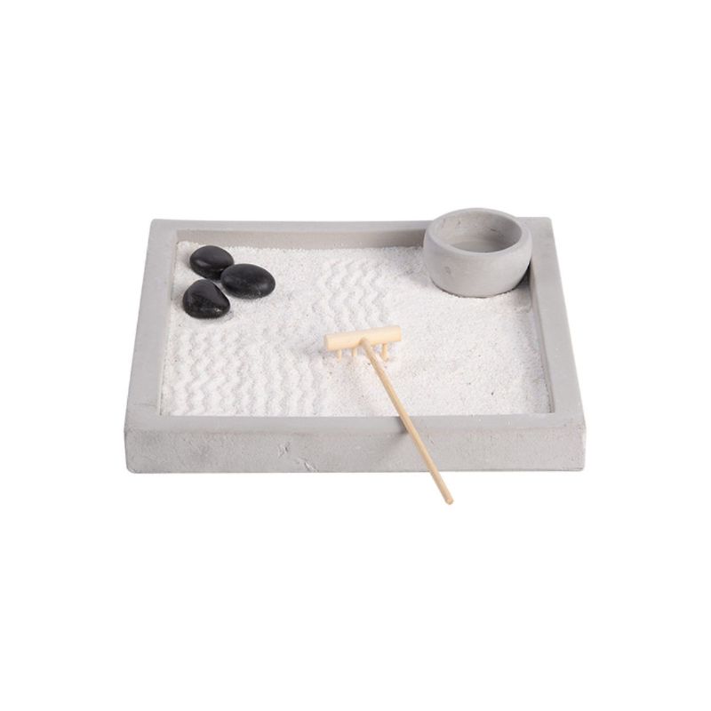 Compact 20x20cm zen garden kit with sand, stones, planter, and rake for meditation and relaxation at home or office.