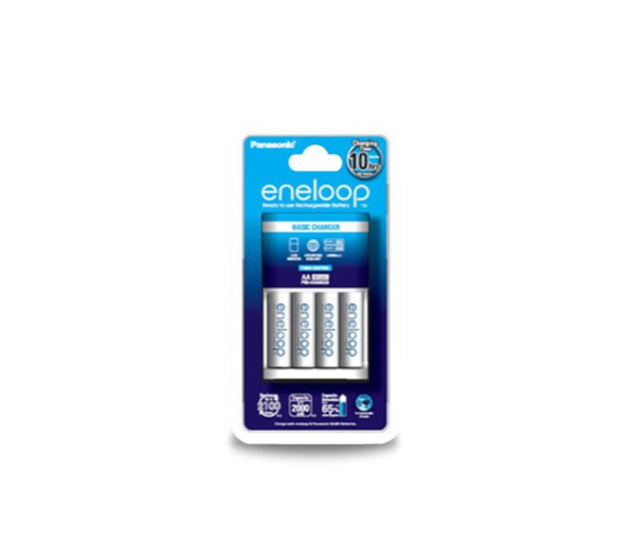 Panasonic Eneloop battery charger with 4 AA batteries, eco-friendly design, and charge indicator lights for convenience.