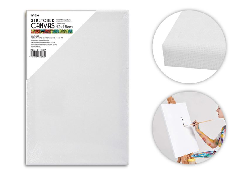 Max Brand 18cm stretched canvases in a pack of 24, ideal for artists and DIY projects with a smooth, durable surface.