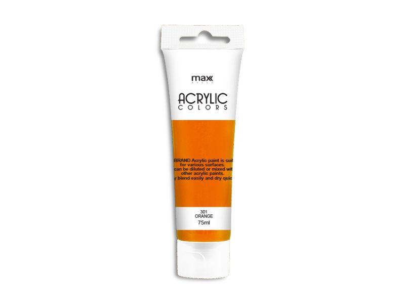 Pack of 6 MAX Brand 75ml #301 Orange acrylic paint tubes, ideal for vibrant art projects on various surfaces.