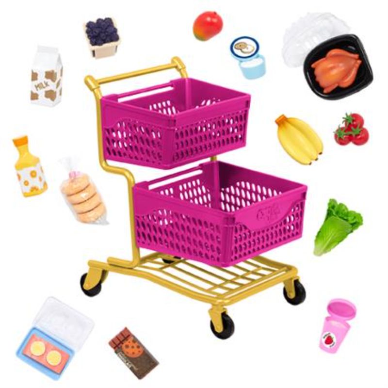 Colorful shopping cart with groceries for 18-inch dolls, promoting imaginative play and creative adventures for kids.