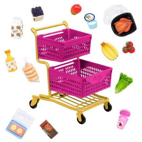 Colorful shopping cart with groceries for 18-inch dolls, promoting imaginative play and creative adventures for kids.