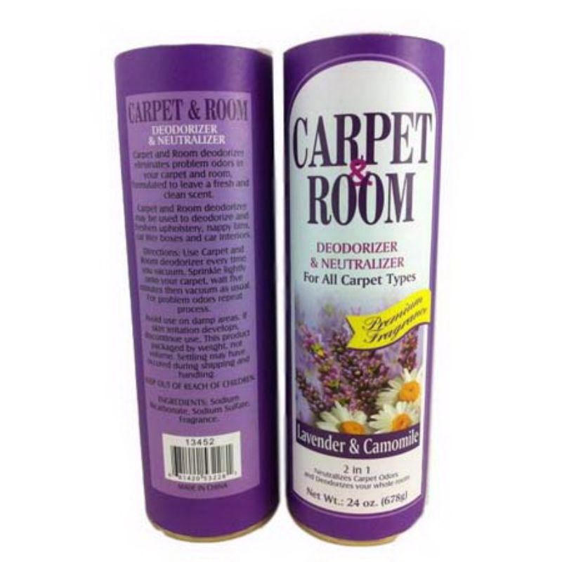 "Set of 12 lavender and chamomile carpet powders for odor elimination and refreshing scents, eco-friendly and easy to use."