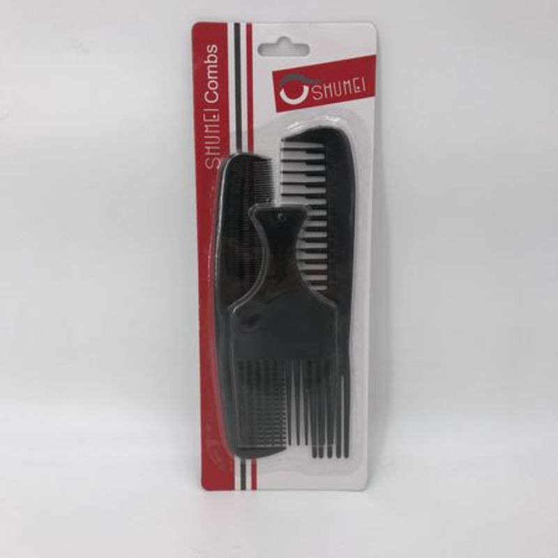 Premium black comb set featuring 3 versatile styling tools, ideal for all hair types and available in 12 packs.