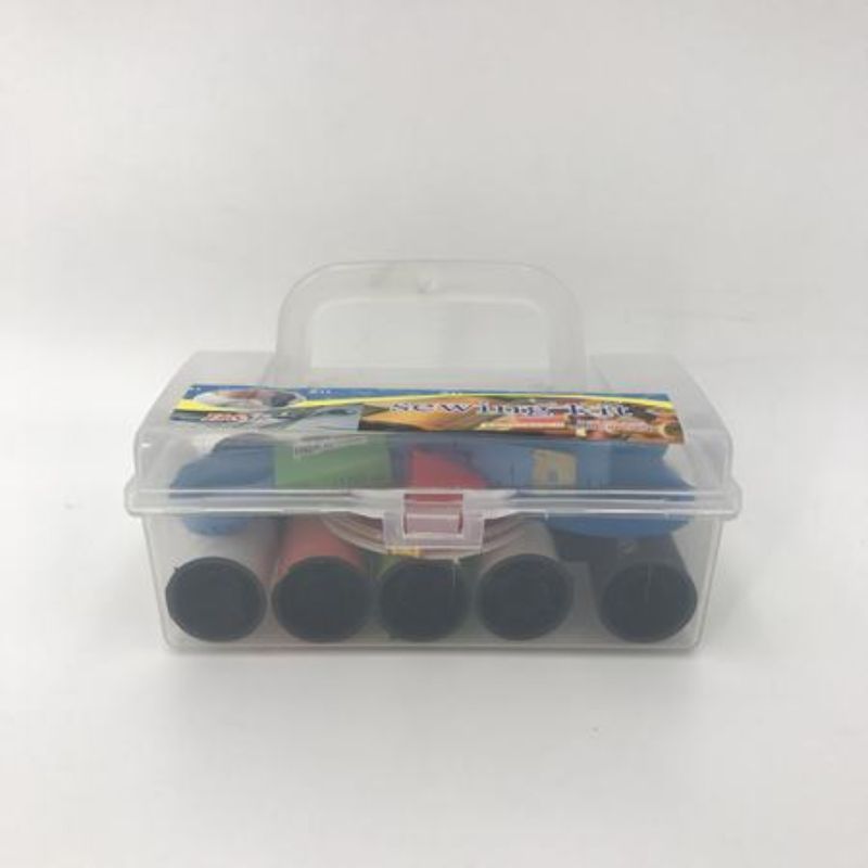 Comprehensive sewing kit with needles, colorful threads, scissors, and buttons for all crafting needs.