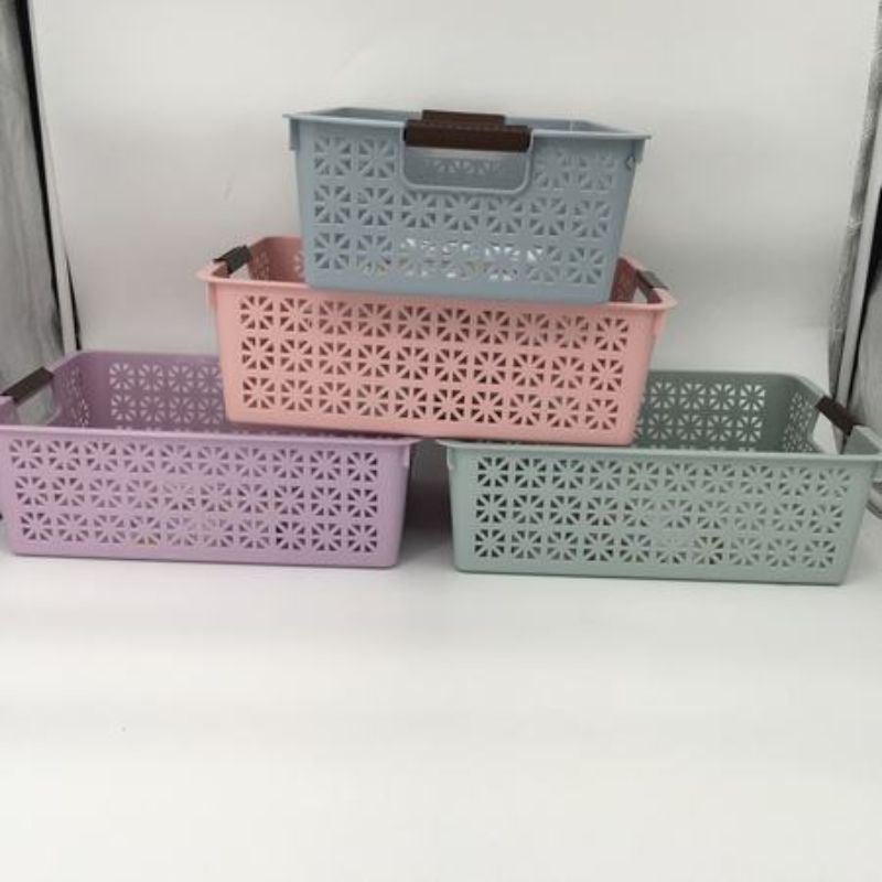 Set of 6 assorted plastic baskets, 36 x 24.5 x 12cm, perfect for organizing home and office spaces in vibrant colors.