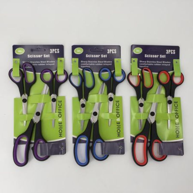 Premium 3-piece scissors set with stainless steel blades, ergonomic handles, ideal for home, school, and office tasks.