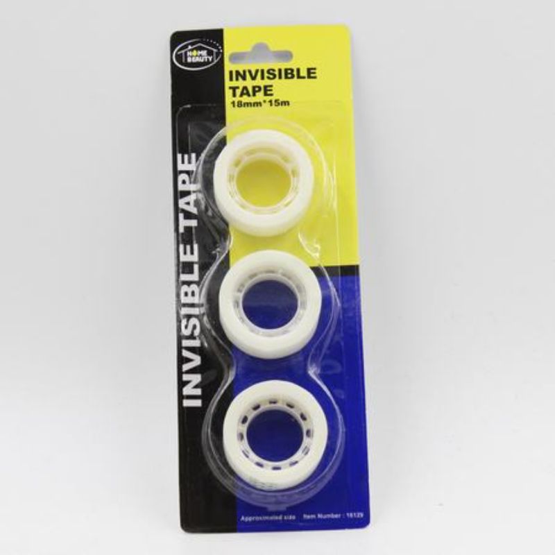 Invisible tape rolls, 18mm x 15m, clear adhesive for crafting, repairs, and organization, sold in 12-pack.