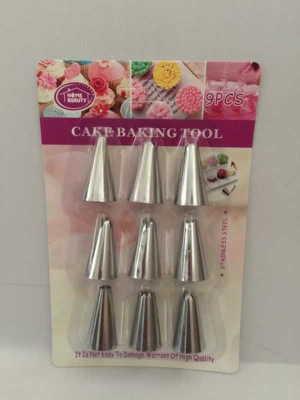 9-piece cake decorating set for creating professional-looking cakes, cupcakes, and desserts; perfect for all skill levels.