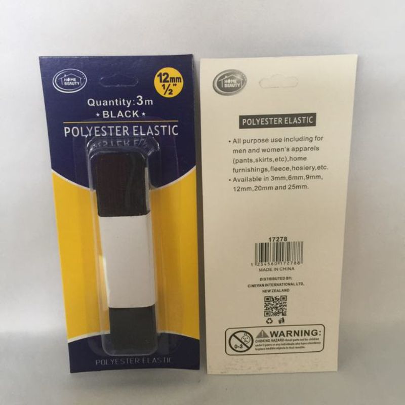 Black polyester elastic 3m x 12mm, sturdy and versatile, ideal for sewing, crafting, and DIY projects, available in 12 packs.