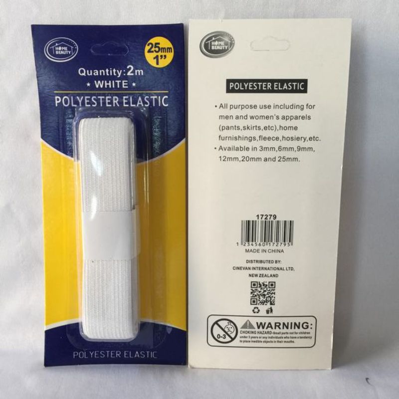 White elastic polyester, 25mm wide and 2m long, ideal for crafting and sewing projects; sold in convenient 12 packs.