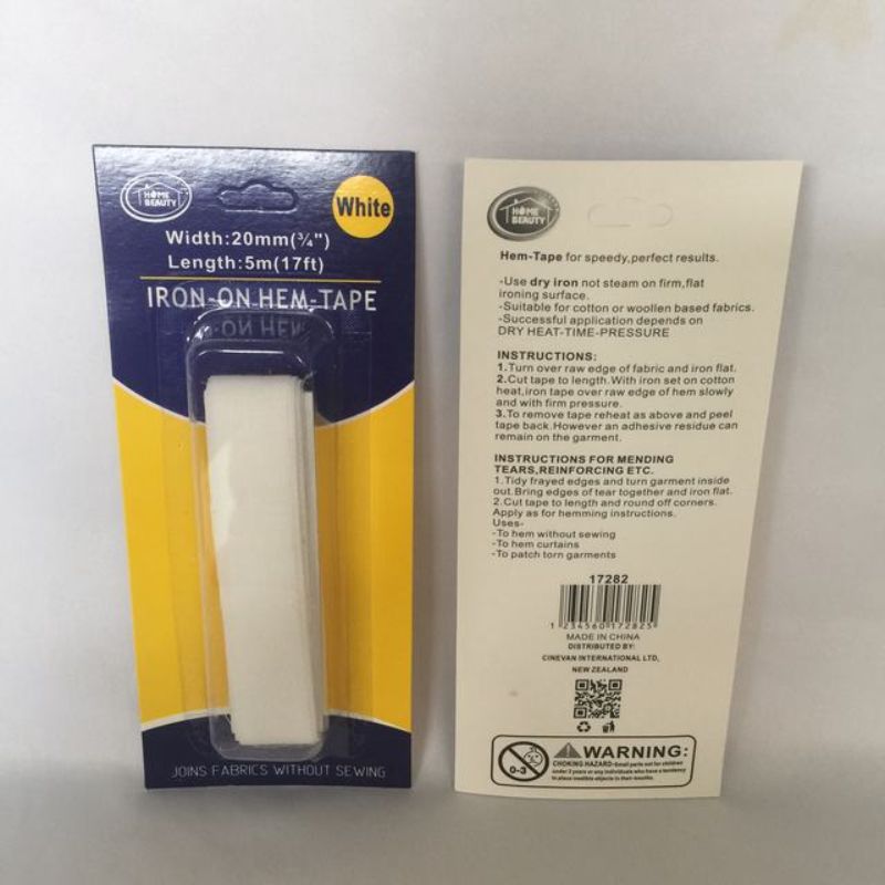 White Iron on Hem Tape, 5m length, 20mm width, perfect for quick repairs, crafting, and hemming without sewing.