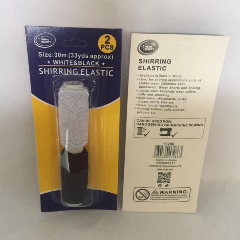Shirring Elastic in white and black, 30m total, 12 packs for versatile sewing projects and comfortable, fitted designs.