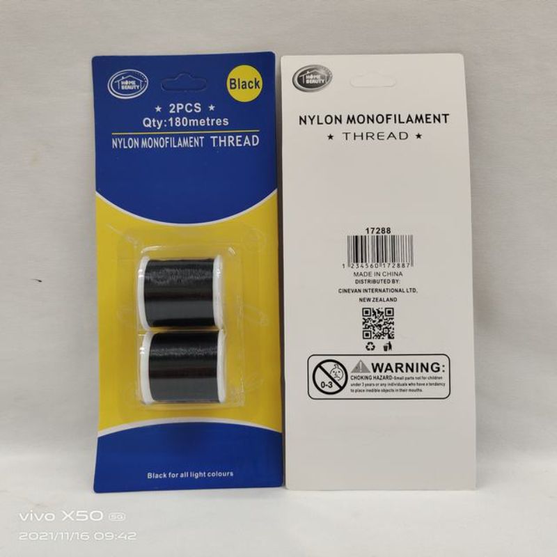 Black Nylon Monofilament Thread in 180m spools, 12 packs, durable for sewing, crafts, and invisible finish.