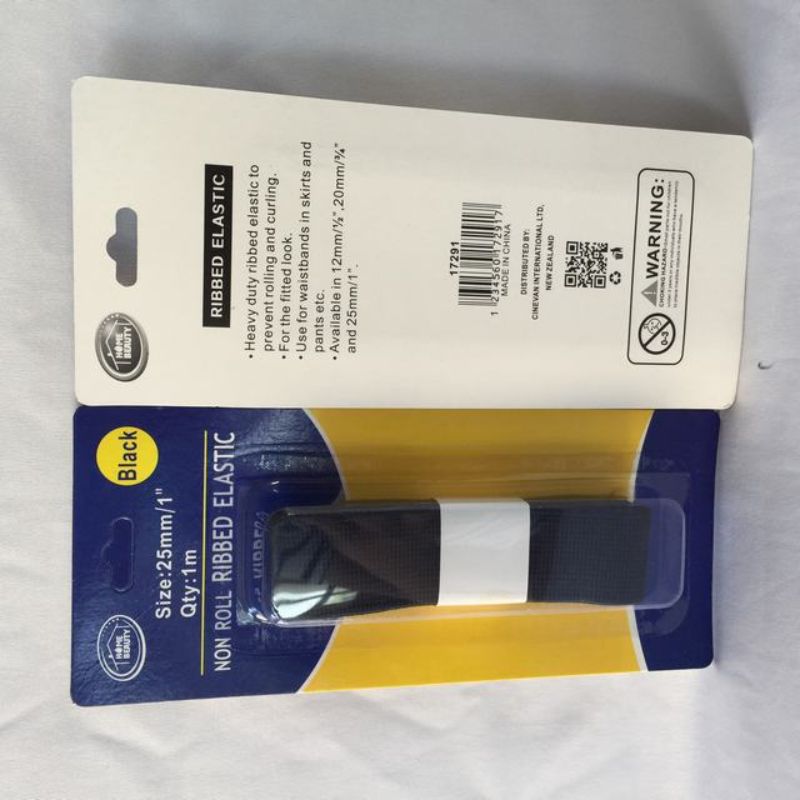 Black ribbed elastic rolls, 1m x 25mm, perfect for sewing, crafting, and DIY projects in economical 12-pack sets.