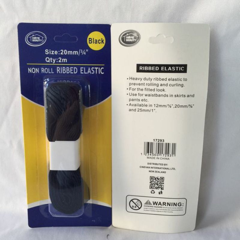 Black 20mm ribbed polyester elastic, 2m long, perfect for sewing and crafting, available in convenient 12 pack.