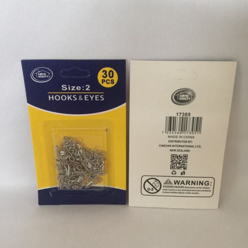 30pcs Size 2 Hooks & Eyes in 12 packs, perfect fasteners for garments and crafts, ideal for light to medium fabrics.