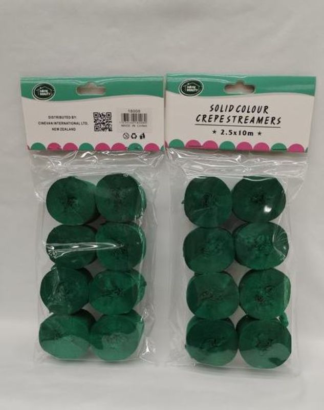 Dark green crepe streamers, 2.5 x 10m, ideal for vibrant party decorations; 12-pack for versatile and elegant decor.
