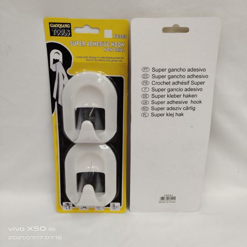 Two Super Adhesive Hooks in a pack, ideal for hanging items on smooth surfaces without leaving marks.