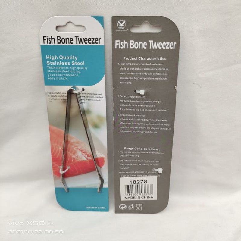 Set of 12 stainless steel fish bone tweezers designed for safe and easy bone removal from fish fillets.