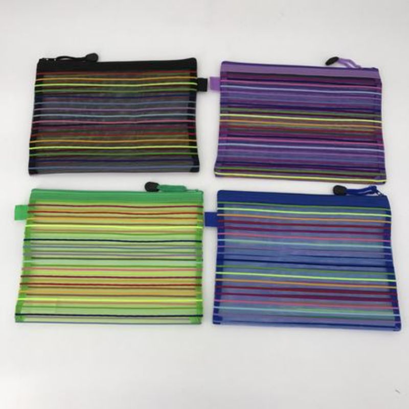 Vibrant striped file bags in assorted colors, perfect for organizing documents, supplies, and transporting files. Set of 12.
