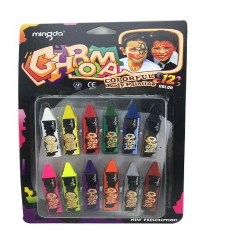 Colorful 12-pack face paint set with vibrant hues, perfect for parties, festivals, and creative makeup looks. Safe and easy to use.