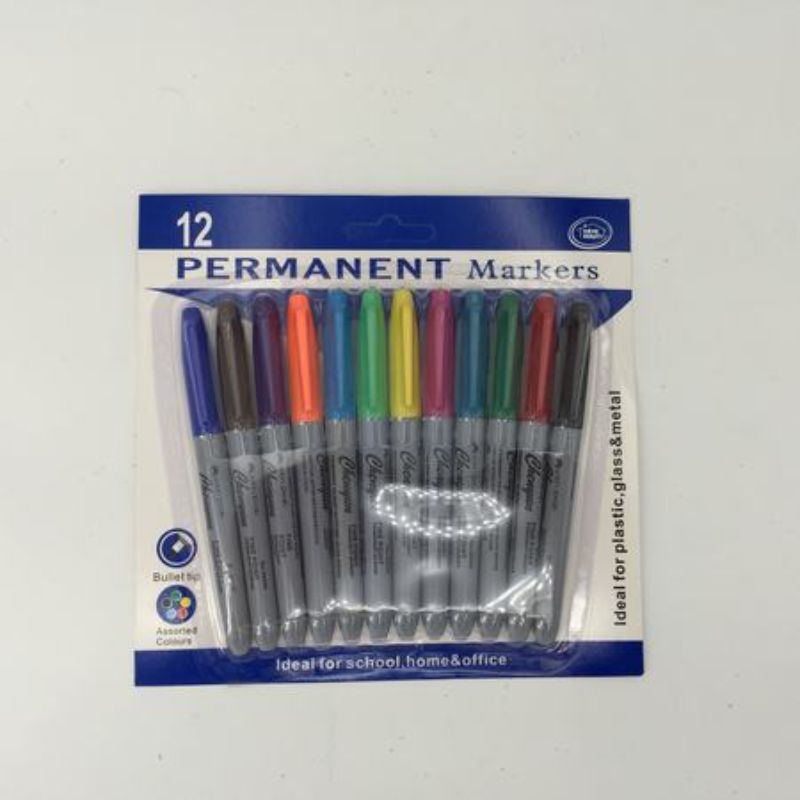 Assorted 12pc permanent markers pack, vibrant colors for creative projects on various materials, perfect for artists and crafters.