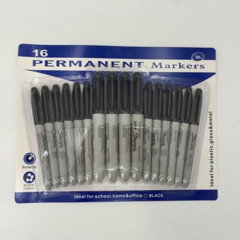 Black permanent markers pack of 16, perfect for artists and crafters, featuring fine and chisel tips for versatile use.