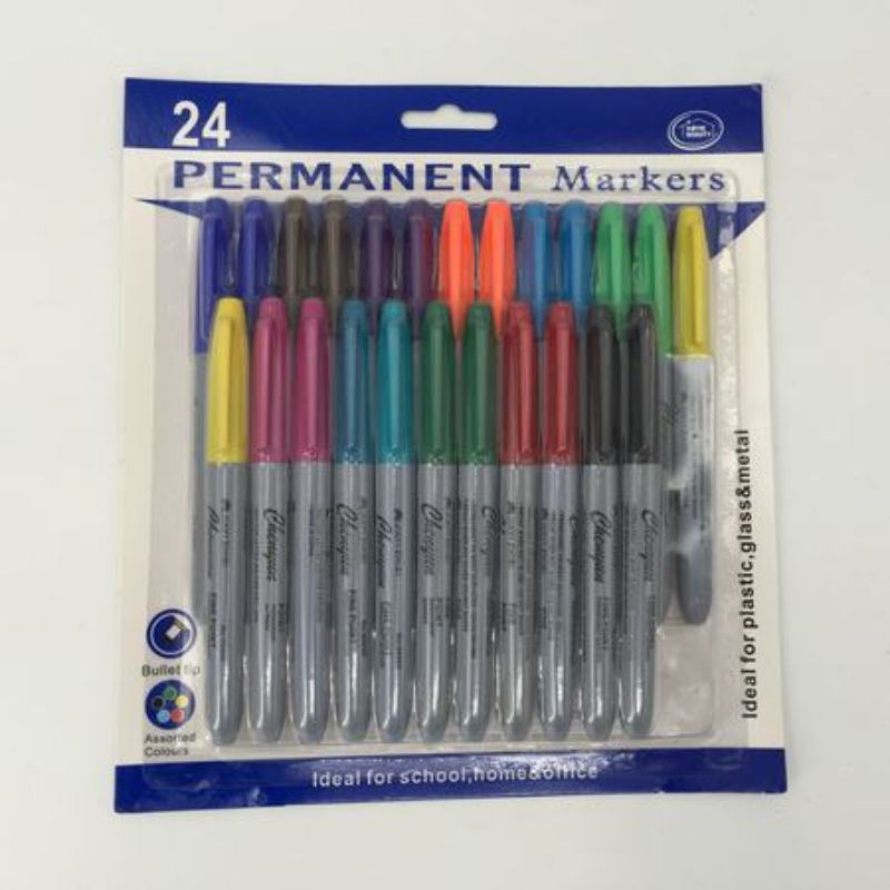 Vibrant 24pc Permanent Markers pack (12 packs) for creative projects, safe for kids, suitable for various surfaces.