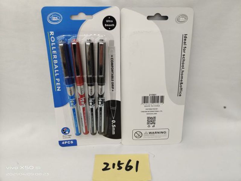 Four-pack of rollerball pens, ideal for smooth writing and doodling, featuring a comfortable grip and fast-drying ink.