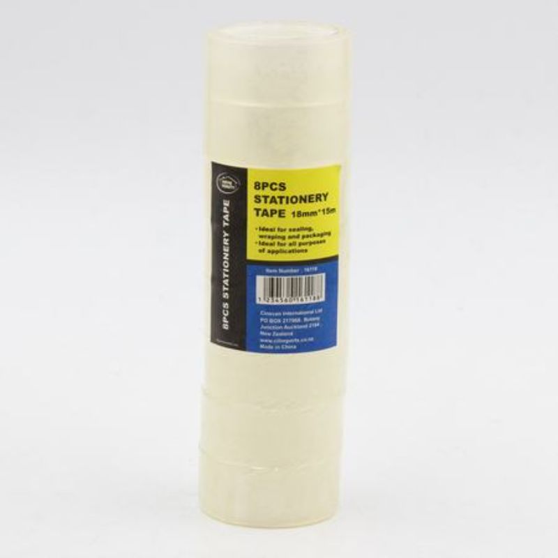 8 rolls of versatile stationery tape, 18mm wide, 15m long, ideal for crafts, repairs, and organizing projects.