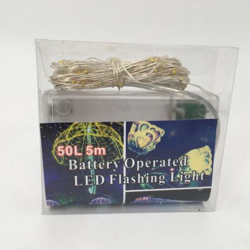 Warm white LED string lights (50 heads, 5m) perfect for cozy indoor/outdoor ambiance; includes 12 battery-operated packs.
