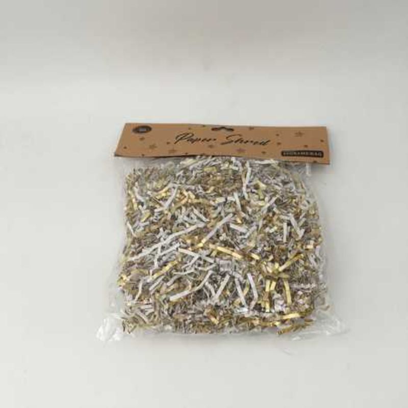 Elegant gold paper shred in 60g packs, perfect for gift wrapping, crafts, and festive decorations. Eco-friendly and versatile.