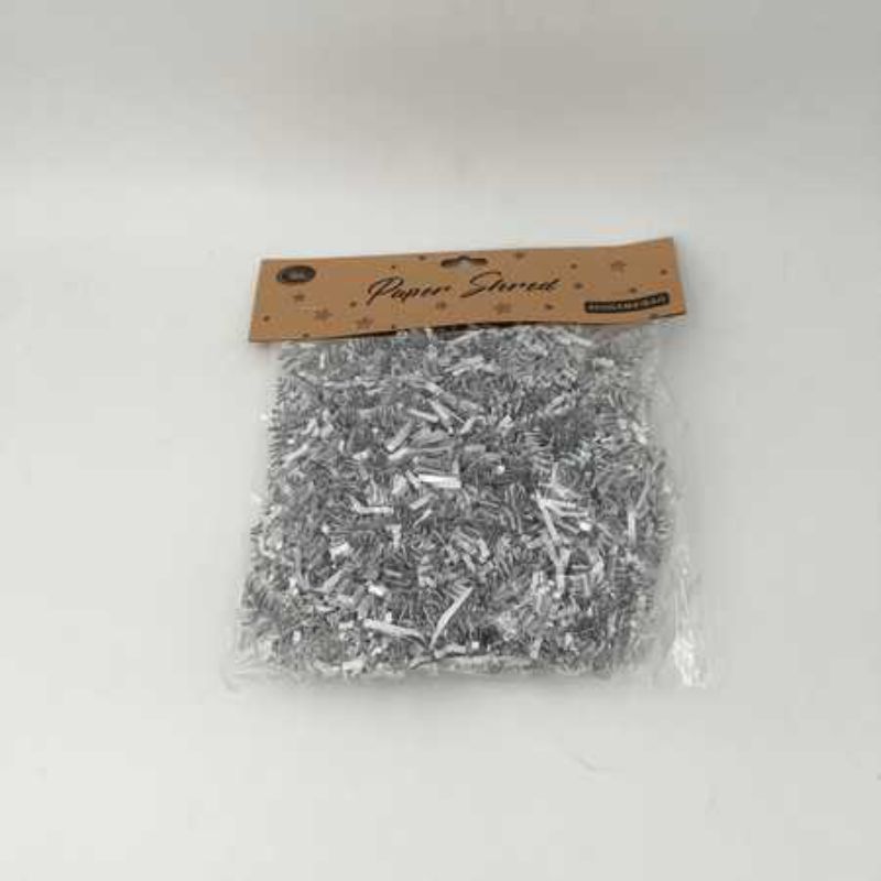 Vibrant silver paper shred in 60g packs, perfect for gift wrapping and decoration, sustainable and stylish for any occasion.