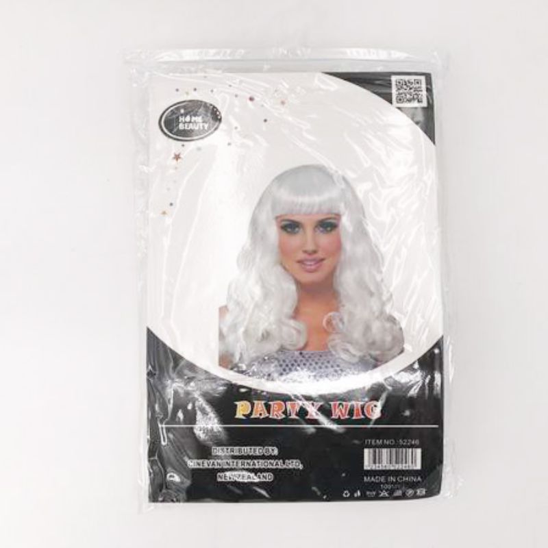 Set of 5 long white curl party wigs ideal for costumes, festivals, and theatrical performances, crafted for comfort and style.