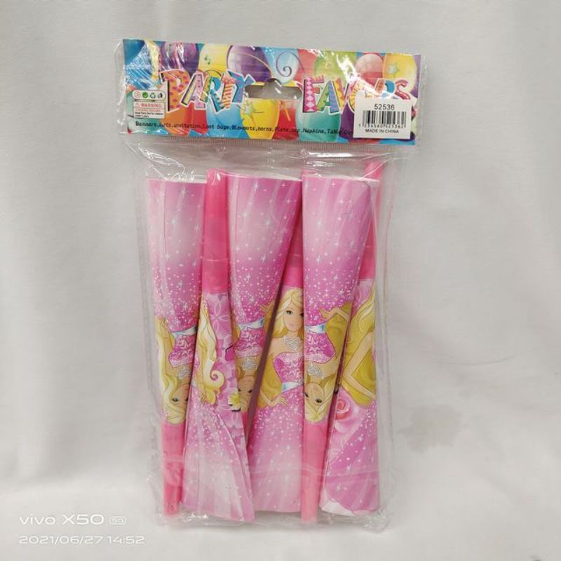 Colorful Barbie-themed party horns and favors, 72 pieces total, perfect for enhancing birthday celebrations.