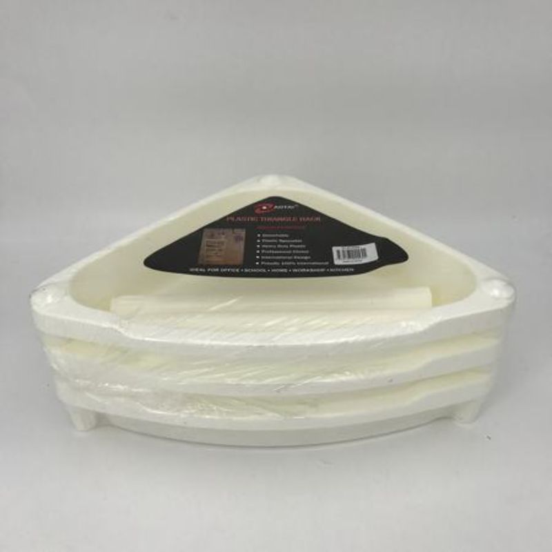 Set of 12 triangular plastic stands, 3 tiers, 63.5CM high, ideal for showcasing brochures and retail displays.