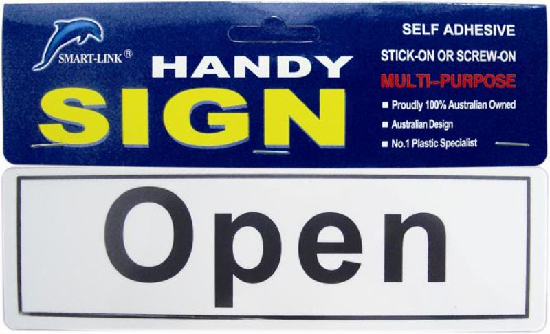 Durable self-adhesive "OPEN" plastic signs, perfect for storefronts, available in a set of 12 for easy installation.