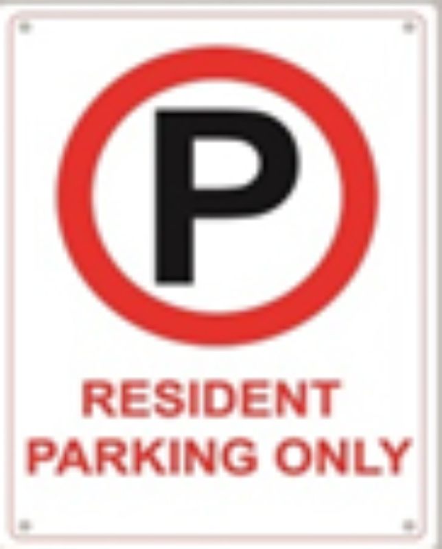 Set of 12 durable plastic signs reading 'RESIDENT PARKING ONLY' for clear parking regulation and easy installation.
