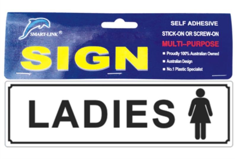 Set of 6 durable self-adhesive plastic signs labeled "LADIES" for clear identification in public spaces.
