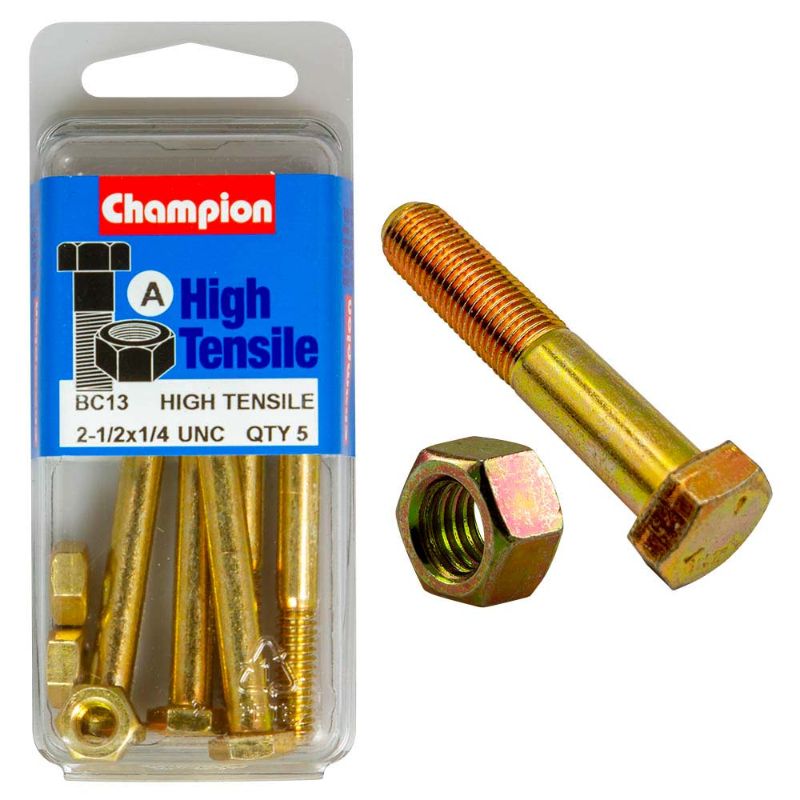 Champion 2-1/2in x 1/4in GR5 bolt and nut set, designed for strength and durability in construction and DIY applications.