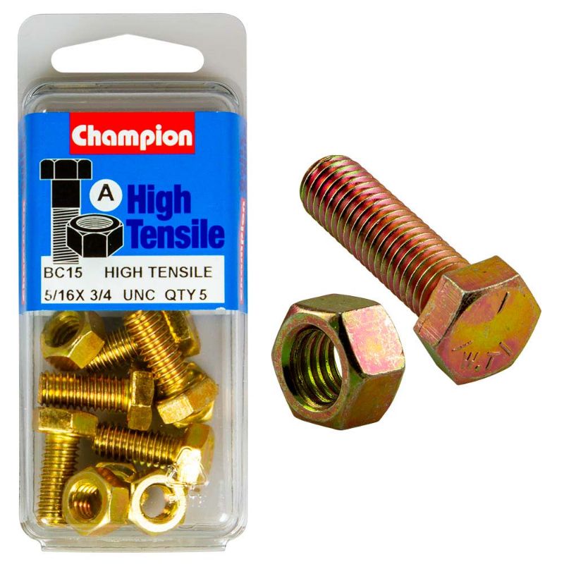 Champion 3/4in x 5/16in Set Screw and Nut, crafted from Grade 5 steel for strong, durable fastening in construction and automotive projects.