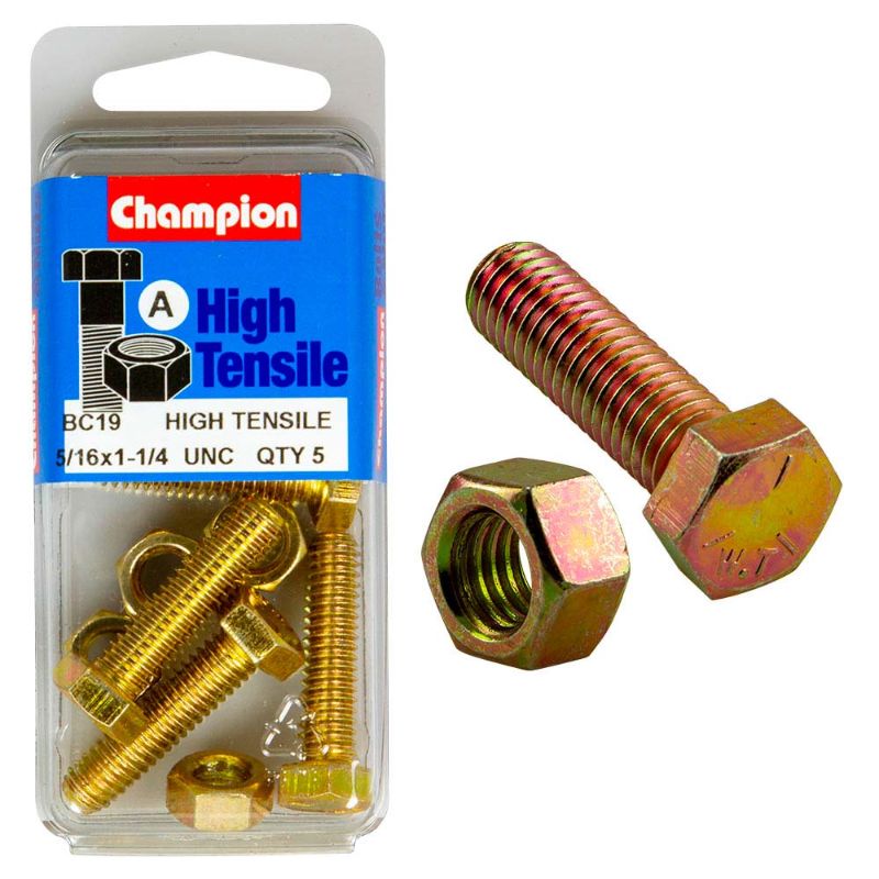 Champion 1-1/4in x 5/16in GR5 Set Screw & Nut, crafted for strength and reliability in various fastening applications.