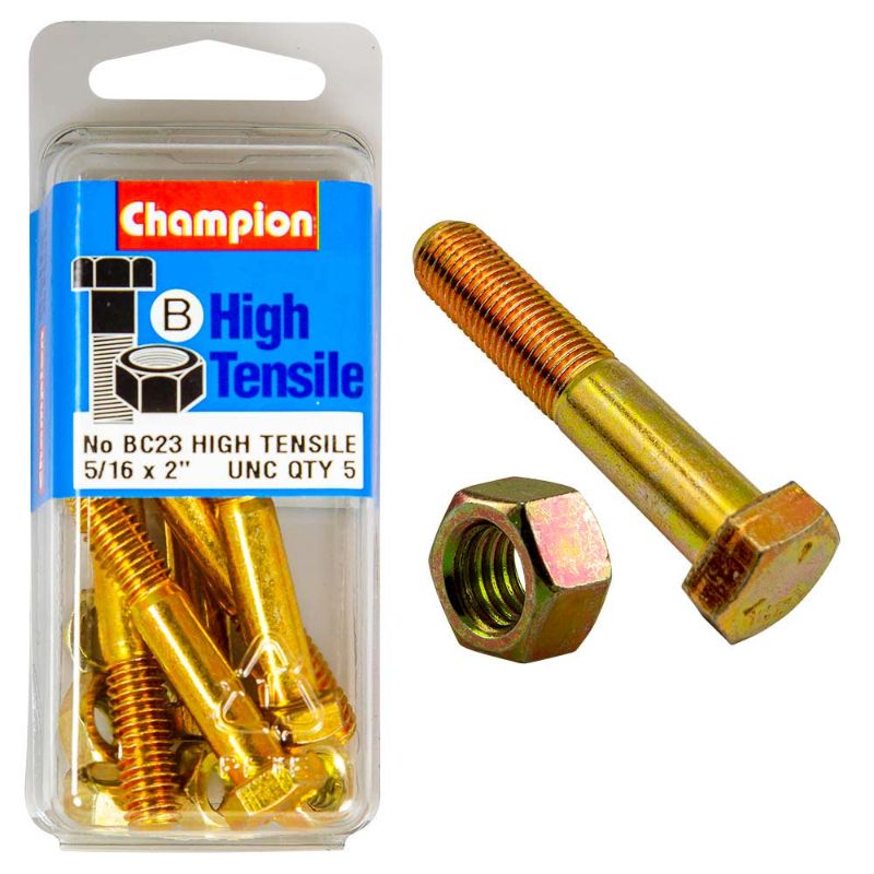Champion 2 x 5/16in Grade 5 bolt and nut set, showcasing strength and corrosion resistance for reliable fastening.