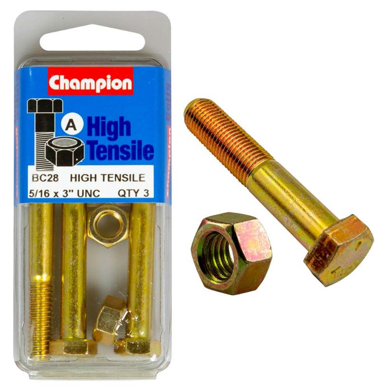 Durable Champion 3 x 5/16in Grade 5 steel bolt and nut set, ideal for automotive and construction projects.