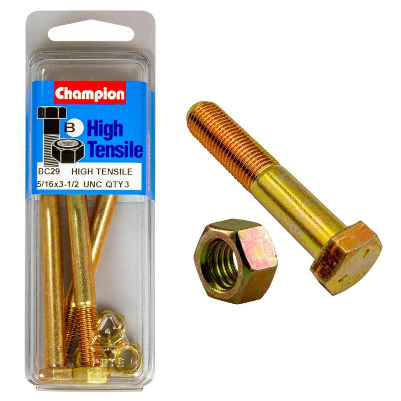 Champion 3-1/2in x 5/16in Bolt and Nut set, featuring robust materials for reliable fastening in automotive and construction tasks.
