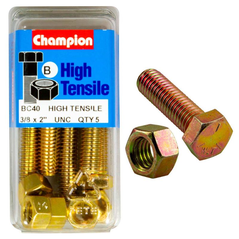 Champion 2 x 3/8in Set Screw & Nut (B) - GR5, durable GR5 steel fastening solution, corrosion-resistant with a hex socket design.