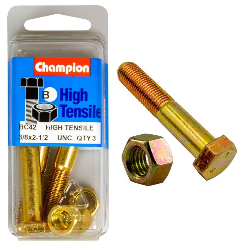 Champion 2-1/2in x 3/8in Grade 5 Bolt & Nut set, featuring high strength, corrosion resistance, ideal for heavy-duty applications.